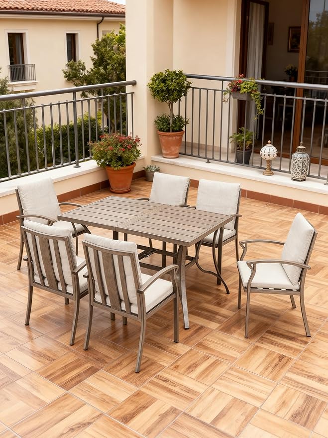 SEEHILL Patio Dining Chair Set of 6, Outdoor Dining Chairs with Thick Cushion, Sturdy Aluminum Outdoor Chairs for Table, Outdoor Dining Furniture Set for Deck, Garden, Backyard, Pool, Limed Oak