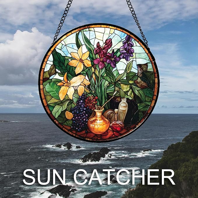 QZQCBLC Stained Glass Window Hanging Berry Plant Purple Yellow Flowers in Vase 6.3" - Suncatcher Door Garden Sun Catcher Home Decor Birthday Christmas for Mom Men Woman Nana