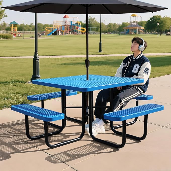 HIMcup 46" Square Picnic Table for Outside,Heavy Duty Metal Picnic Table Bench Set with 2in Umbrella Hole, 1600 lb Capacity,Commercial Dining Table Furniture for Garden Yard Patio Party Coffee Shop