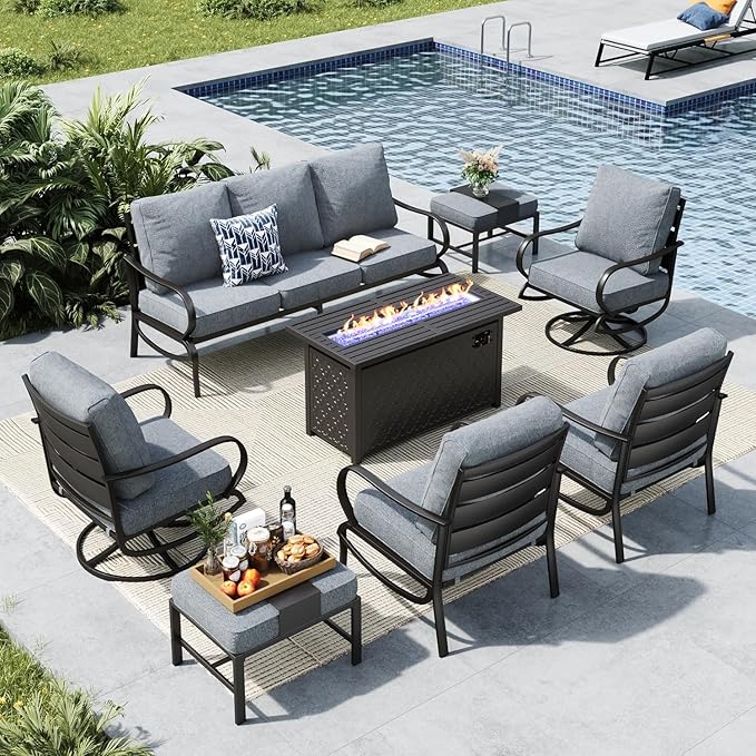 MFSTUDIO Patio Furniture Sets with 45" Gas Fire Pit Table, 8 Pieces Outdoor Metal Conversation Set with 1 x 3-Seat Sofa, 2 Single Chairs, 2 Swivel Chairs and 2 Ottomans, Grey Cushion