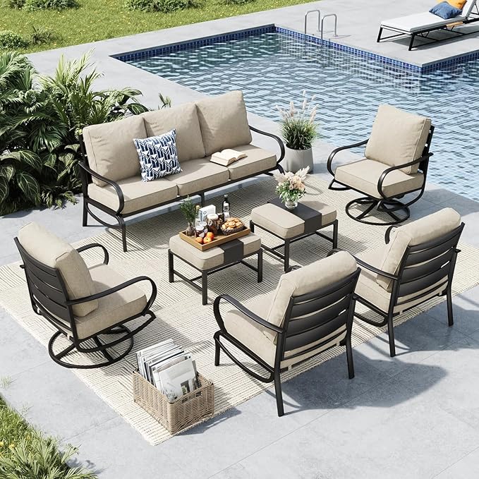 MFSTUDIO 7 Pieces Metal Patio Furniture Sets, 2 Swivel Chairs, 3-Seat Deep Seating Sofa, 2 Single Couch and 2 Ottoman, All Weather 9 Seats Outdoor Conversation Set for Garden Backyard，Beige Cushion