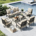 MFSTUDIO 7 Pieces Metal Patio Furniture Sets, 2 Swivel Chairs, 3-Seat Deep Seating Sofa, 2 Single Couch and 2 Ottoman, All Weather 9 Seats Outdoor Conversation Set for Garden Backyard，Beige Cushion