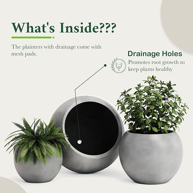 DTY Signature Mount Sherman Modern Indoor Outdoor Fiberstone Sphere Planter, Durable Round Garden Pot, Weather Resistant, Drainage Hole & Rubber Plug, Planter for Christmas Tree - Medium, Gray