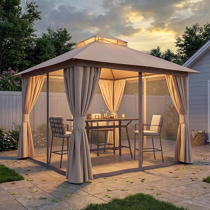 LAUSAINT HOME Outdoor Patio Gazebo 10'x10' with Expansion Bolts, Heavy Duty Party Tent & Shelter with Double Roofs, Mosquito Nettings and Privacy Screens for Backyard (Khaki)