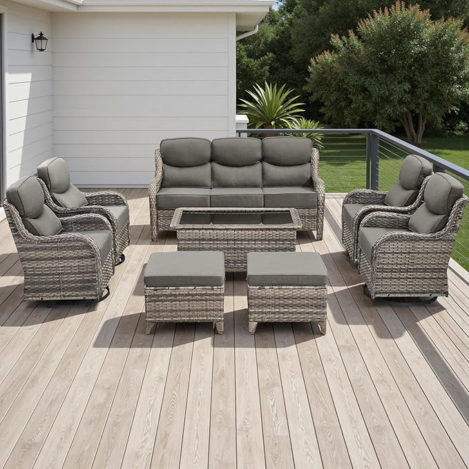 Rilyson Wicker Outdoor Patio Furniture Set - 8 Piece Patio Conversation Sets with Swivel Rocker Chairs, Ottomans, Sofa and Coffee Table, 6 inch Cushions, Deep Seating, for Porch Deck Mixed Grey/Grey