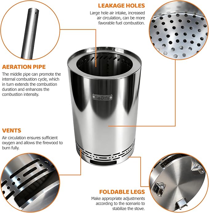 9.2 inch Smokeless Fire Pit, Smokeless Stove for Camping, Outdoor and Patio, Fueled by Wood Pellets or Firewood，Sliver