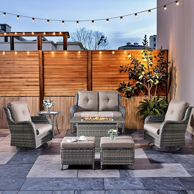 HUMMUH Patio Furniture Set with Fire Pit Table 6-Piece Wicker Outdoor Swivel Rocker Patio Chairs Loveseat Conversation Set for Porch, Backyard, Deck