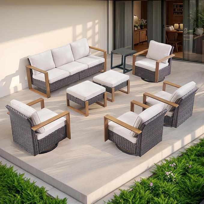 Rilyson Outdoor Wicker Patio Furniture Set - 4 Piece Patio Conversation Set with 2 Wicker Swivel Rocker Chairs,2 Rattan Ottoman, Thick Cushions, Deep Seating, Wide Armrest(Brown/Beige)