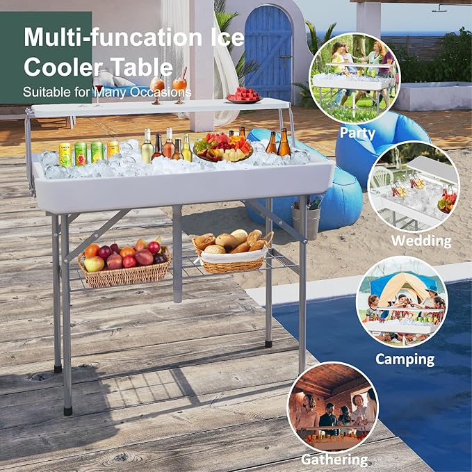 IWDOO Ice Cooler Table with Drain, Two-Tier Plastic Folding Tables, with Removable Matching Skirt and Shelf, Indoor Outdoor Use for Party Camping Picnic Fishing Cleaning, 440 lbs Capacity