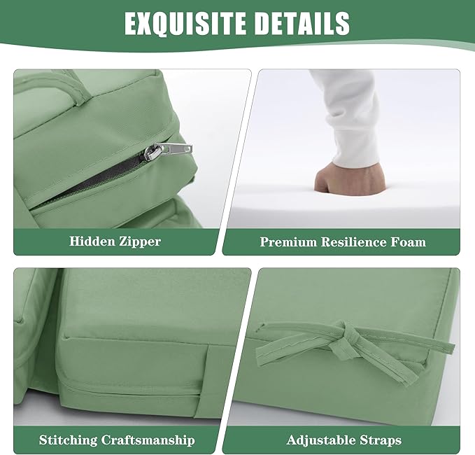 Chaise Lounge Cushions Outdoor Set of 2 - Waterproof and Fade Resistant Sun Lounger Replacement Cushions - Patio Lounger Pads with Removable Cover for Pool, Deck, 80 x 26 x 3 Inch, Sage Green