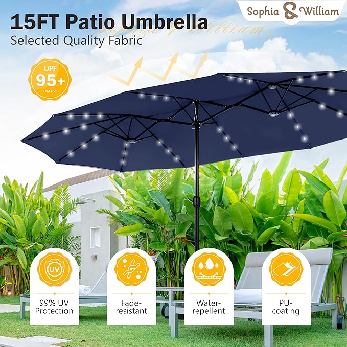 Sophia & William 15 ft Extra Large Patio Umbrella with Solar Lights, Rectangular Outdoor Umbrella with Base Included, Market Umbrella Double-sided Heavy Duty for Pool Garden Backyard, Navy Blue