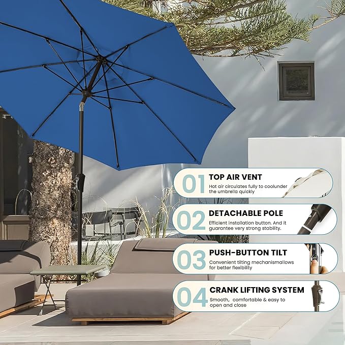 9FT Large Outdoor Patio Umbrella Market Table Umbrella-UV Resistant, Easy Push Button Tilt and Crank, 8 Sturdy Ribs Heavy-Duty Pool Umbrella for Deck,Blue