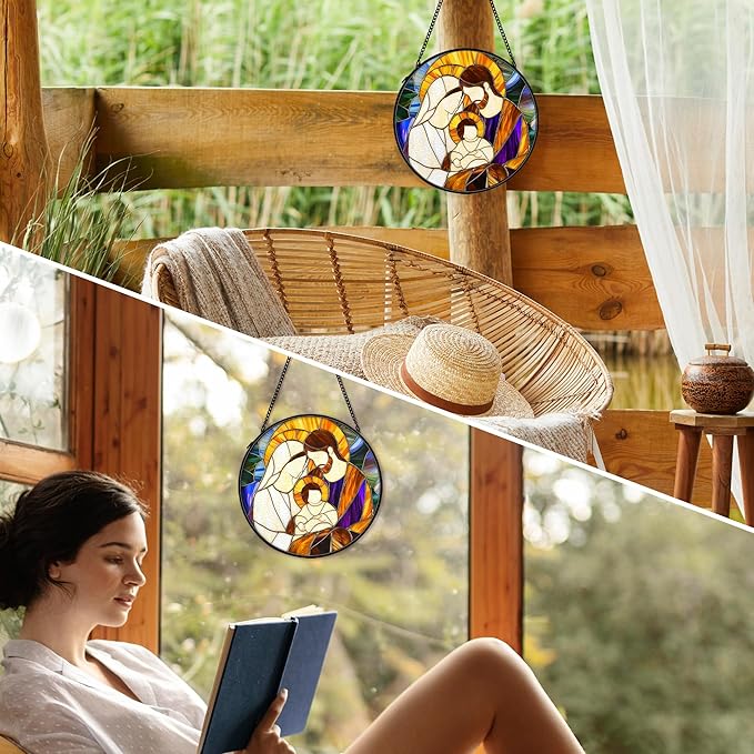 cvjutf Christian Baby Jesus Nativity Suncatcher Stained Glass Window Hanging Decor, Christian Christmas Stained Glass Wall Decor Gifts, Nativity Scene Garden Lawn Sun Catchers Window Art, 7.9x7.9In
