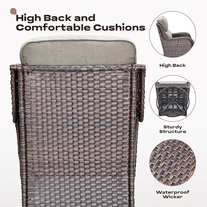 Rilyson Wicker Outdoor Patio Furniture Set - 5 Piece Patio Conversation Sets with Swivel Rocker Chairs, Ottomans and Sofa, 6 inch Cushions, Waterproof Wicker, for Porch Deck Brown/Beige