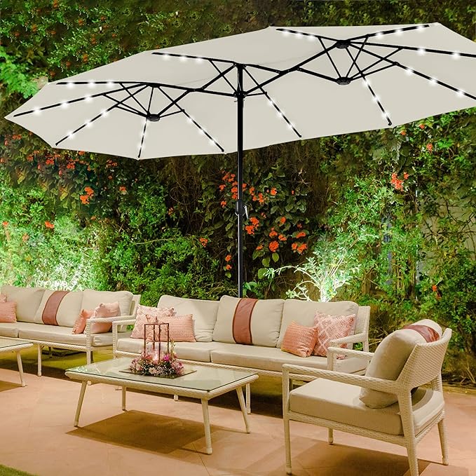 Sophia & William 15 ft Extra Large Patio Umbrella with Solar Lights, Rectangular Outdoor Umbrella with Base Included, Market Umbrella Double-sided Heavy Duty for Pool Garden Backyard, Ivory White