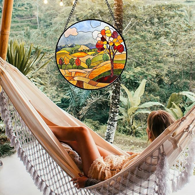 QZQCBLC Stained Glass Window Hanging Orange Mountains Trees Farm Landscape Large 11.8" - Suncatcher Door Garden Sun Catcher Home Decor Birthday Christmas for Mom Men Woman Friend