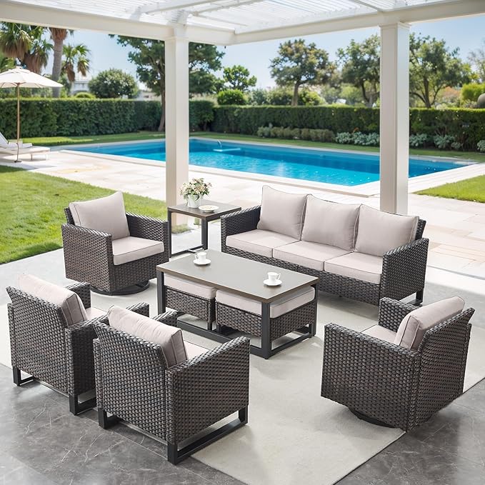 9 Piece Wicker Patio Furniture Set - Outdoor Swivel Rocker Chairs Set with Coffee Table, Rattan Chairs, 3 Seat Sofa & Ottomans, Patio Conversation Sets for Bcakyard Deck - Brown/Beige