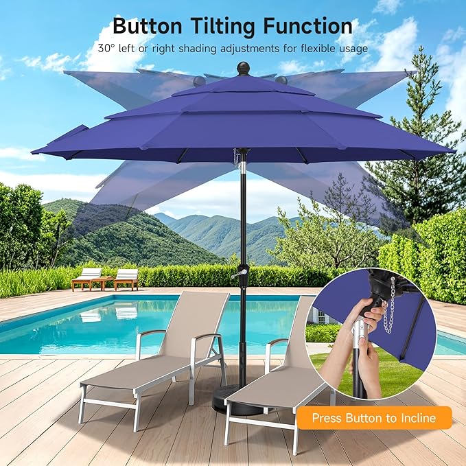 9 FT Outdoor Patio Umbrella, 3 Tier Market Table Umbrella with 8 Sturdy Fiberglass Ribs and 1.5’’ Pole, Smooth Button Tilt Patio Umbrella for Backyard Pool Garden, Blue(No Base)