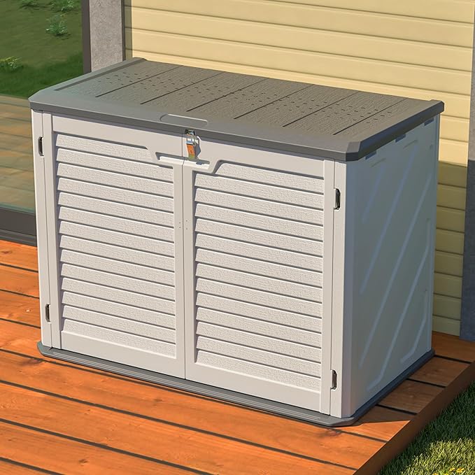 Outdoor Storage Shed Horizontal Plastic Shed W/Lockable Cabinet,Weather Resistance Foldable House W/Sloped Roof & Dual-Locking Mechanism,28 Cu.ft Garden Tool House for Backyards,Patio,White