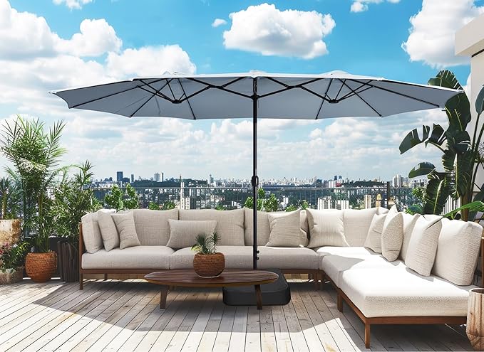 Bigroof 15ft x 9ft Patio Double-Sided Umbrella with Base & Crank, Extra Large Rectangular Outdoor Umbrella for Patio, Lawn & Garden, Beige