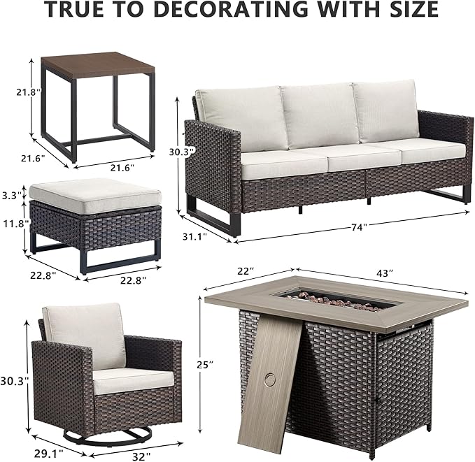 HUMMUH 7 Piece Patio Furniture Set with Fire Pit 41in 55,000 BTU,Wicker Outdoor Conversation Sets - Patio Swivel Chairs Sofa Ottomans,Side Table for Porch,Garden,Backyard