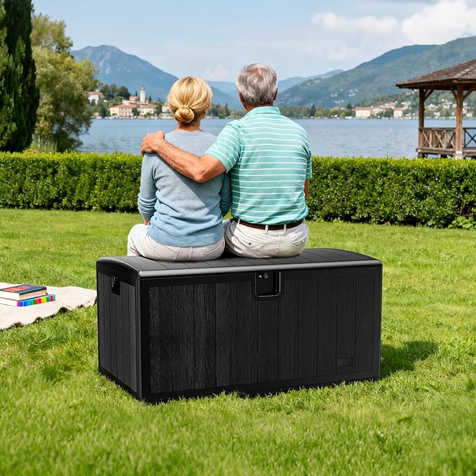 JEKO&JEKO 110 Gallon Outdoor Storage Box, Large Plastic Deck Box with Lockable Lid for Patio Furniture, Garden Tools, Outdoor Cushions and Shoes, Black
