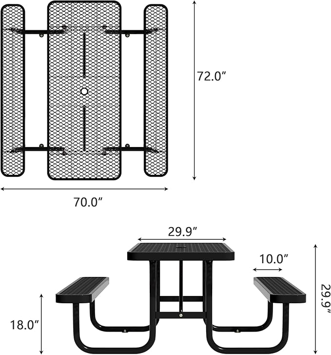 HIMcup 6FT Rectangular Steel Outdoor Picnic Table,Commercial Black Picnic Table Bench Set with Umbrella Hole, Weather-Resistant Heavy Duty School Dining Table for Patio, Garden, Backyard
