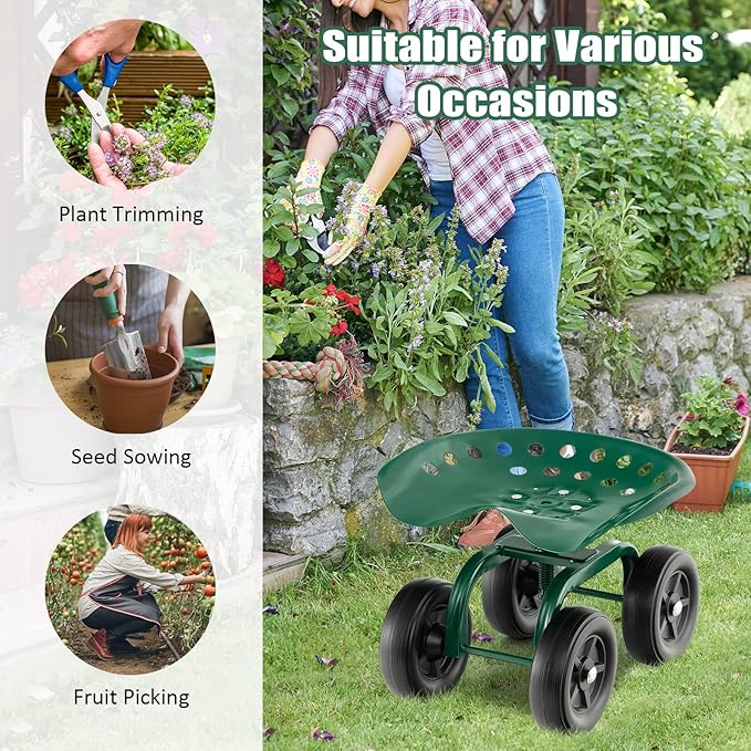 Goplus Garden Cart with Wheels, Utility Stool Cart w/Adjustable 360 Degree Swivel Seat, Outdoor Lawn Yard Rolling Work Seat, Garden Scooter for Planting (Green)
