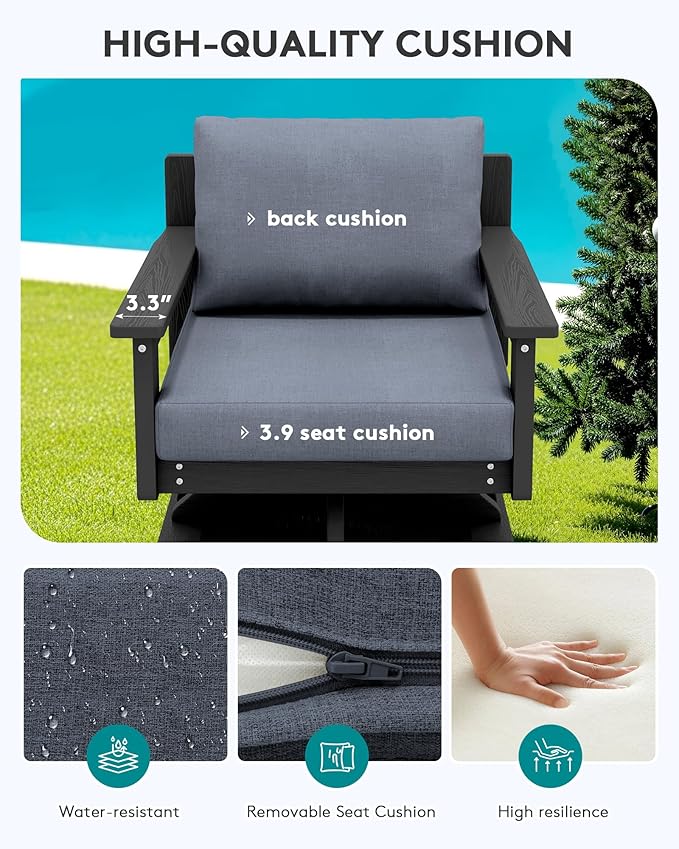 SERWALL Outdoor Swivel Chairs Set of 2, HDPE All-Weather Patio Swivel Sofas with Thick Cushions for Porch, Balcony, Black Frame with Gray Cushions