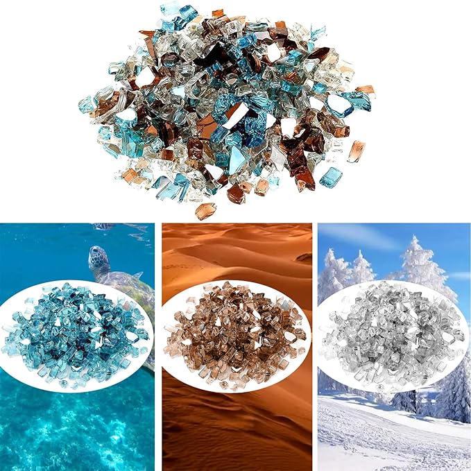 Onlyfire 10 Pounds Blended Reflective Fire Glass for Fire Pit Fireplace and Landscaping, 1/2 Inch Mixed Colored High Luster Fireglass Rocks for Outdoor and Indoor Use - Aqua Blue+Platinum+Copper