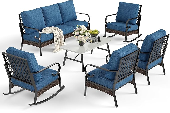 SUNSHINE VALLEY 6 Piece Metal Outdoor Patio Furniture Set, Patio Conversation Set 3-Seater Sofa, 2 Fixed Sofa, 2 Rocking Chair with 5.75" Thick Cushion & Coffee Table Black Backyard Furniture, Blue-2
