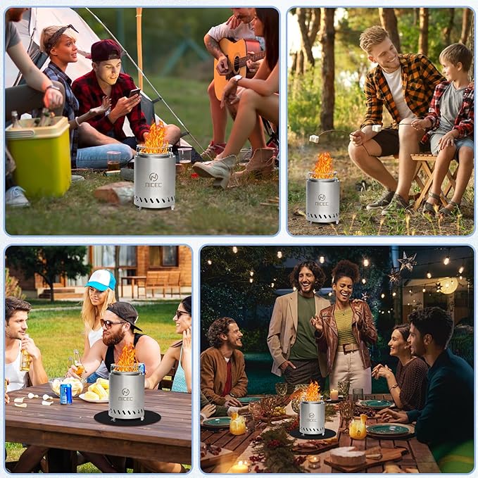Nice C Fire Pits, 7.1 Inch Smokeless Fire Pits, Portable Fire Pit, Outdoor Fire Pit, Tabletop Fire Pit, Wood Buring Fireplaces, Stainless Steel, with Grill Grate, Removable Ash Tray & Carry Bag