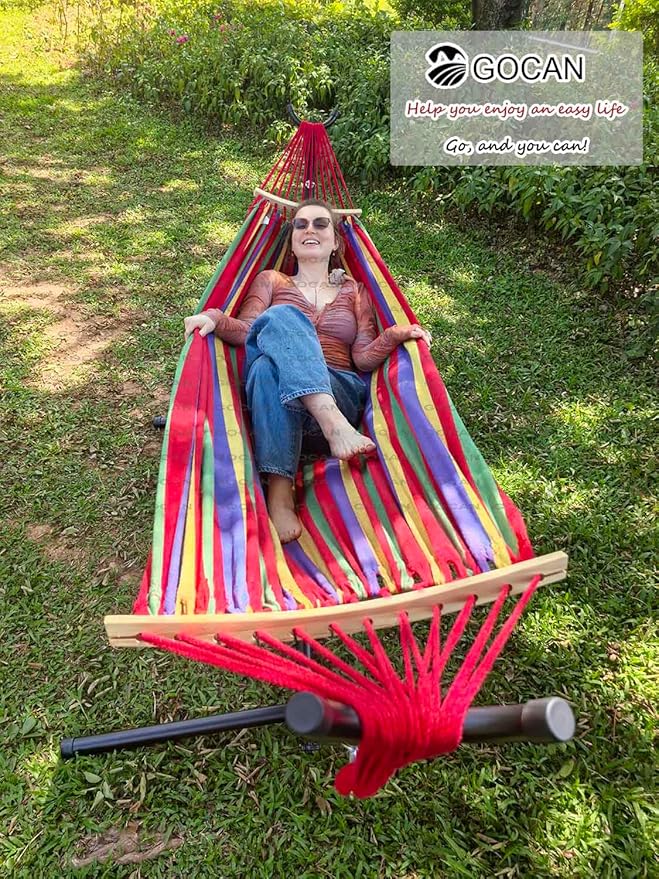 GOCAN Double Hammock 2 Person Extra Large 220x160cm Total Length 330cm Load 500lb Canvas Cotton Hammock for Patio Porch Garden Backyard Lounging Outdoor and Indoor with Removable Spreader bar