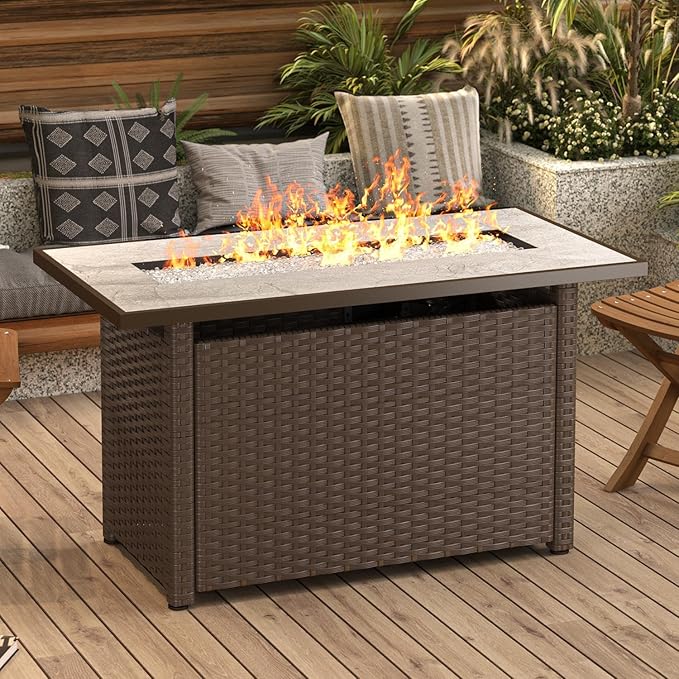 Gizoon 45" Gas Fire Pit Table, Propane Fire Pit with Glass Rocks, Waterproof Cover and Pe Rattan, Outdoor Patio Fire Pits for Backyard, Garden, Party