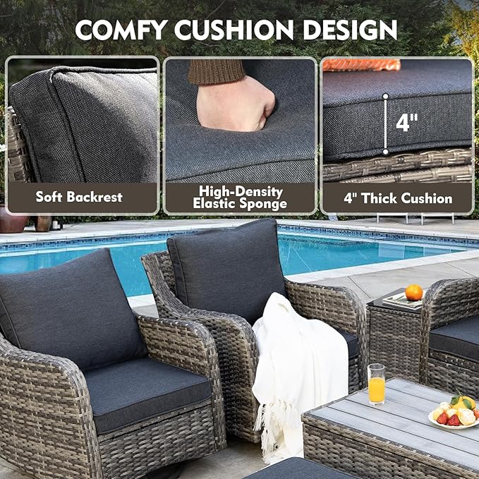 MEISSALIVVE Outdoor Patio Furniture Set with Swivel Chairs, 7 Pieces Wicker Rattan Sofa Couch with Loveseat, Patio Conversation Set with Rocker Patio Chair, 2 Ottomans and Coffee Table (Grey)