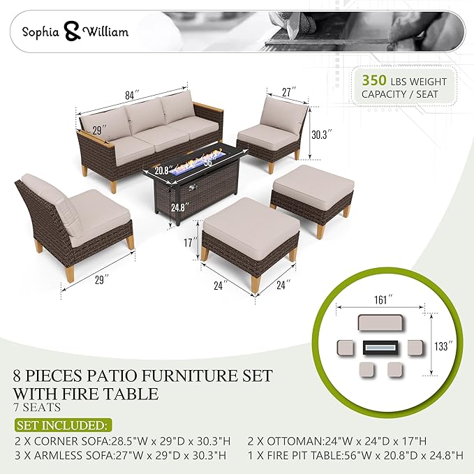 Sophia & William Patio Furniture Set with Fire Pit Table, Large Outdoor Wicker Rattan Sectional Sofa 8 Piece Patio Conversation Set for Deck, Backyard, Porch, Outside(56-Inch Fire Pit,Beige)
