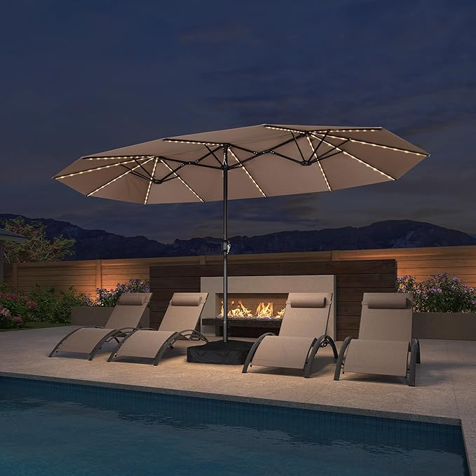 PURPLE LEAF 14ft Patio Market Umbrella with Solar LED and Base Double-Sided Rectangle Outdoor Table Sun Umbrellas with Crank for Pool Beach Deck Backyard Taupe