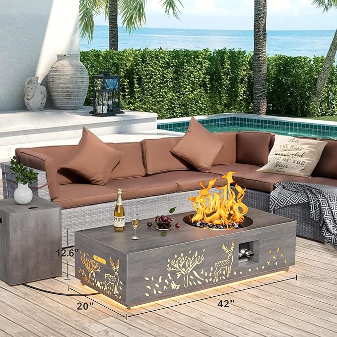 Dineli 2-Piece Outdoor Propane Fire Pit Table Set w Tank Table 48'' Rectangular Firepit Gas Fire Pits for Outside Patio Fire Table w LED, 50,000 BTU (Gray, Deer Cutout with Warmlight)