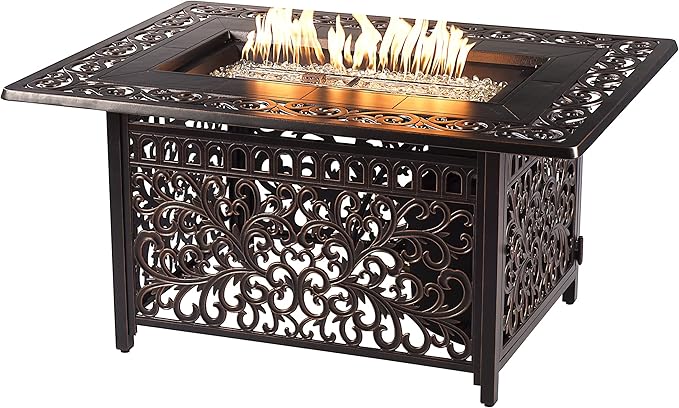Oakland Living Black Aluminum Patio Fire Table Set with Deep Seating Sofa with Cushions and Two Club Chairs with Red Cushions
