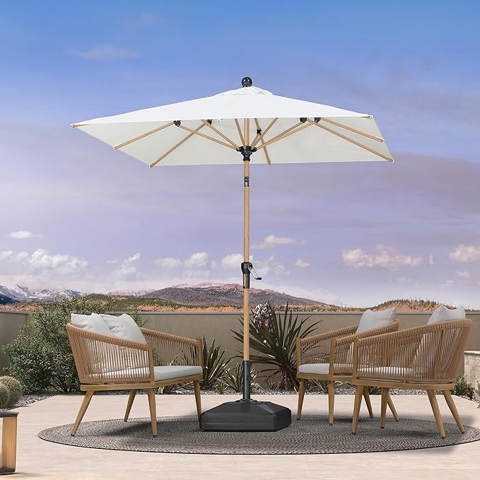 PURPLE LEAF 6.5' x 6.5' Patio Umbrella with Base Square Outdoor Table Umbrella Market Umbrella with Push Button Tilt & Crank and 8 Ribs Aluminum Outdoor Umbrella for Pool Backyard Beach, Cream
