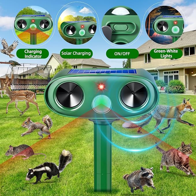 2 Pack Solar Ultrasonic Cat Repellent Outdoor, Waterproof Solar Animal Repellent for Garden, Ultrasonic Deer Deterrent Devices for Yard Lawn to Scare Rabbit, Dog, Squirre, Raccoon, Skunk (2)