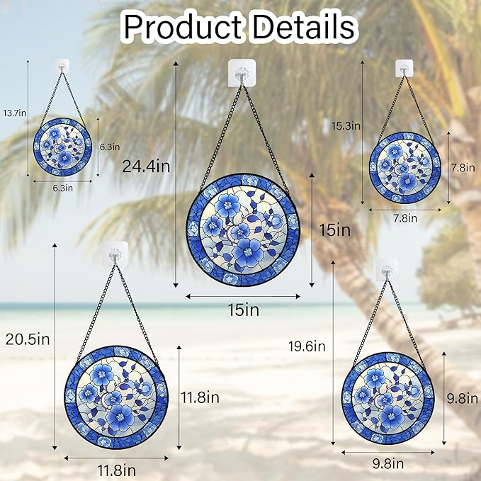 AMDERVEN Stained Glass Window Hanging, Blue and White Plum Blossom Sun Catcher for Door Home Decor Flowers Suncatcher Christmas Mother's Day Birthday Gifts for Women Men Mom and Nana 11.8 in