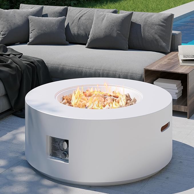 32 inch Round Propane Fire Table, 50,000 BTU Gas FirePit, Patio Fire Pit Table with Steel Lid, Rain Cover, 10ft Propane Hose, Lava Rocks, White