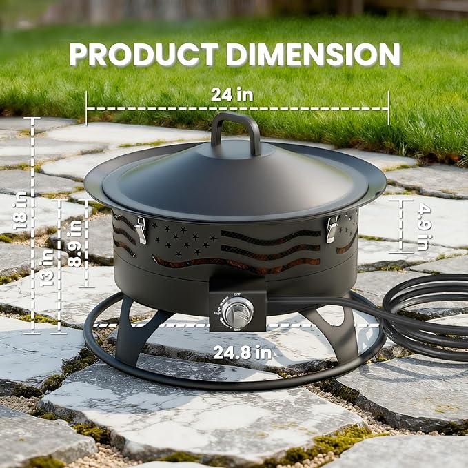 24 Inch Propane Fire Pit, Portable Gas Fire Pit Bowl for Outside, 60,000 BTU Smokeless Outdoor Firepit with Lid & Grill Grate for Patio, Yard, Gardenn, Camping