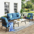 MFSTUDIO 4 Pieces Patio Conversation Set, 5 Seats Metal Patio Furniture Sets with 1 x 3-Seat Sofa, 2 Single Chairs,1 Coffee Table, All Weather Steel Patio Sets with 5.75inch Navy Cushion for Garden