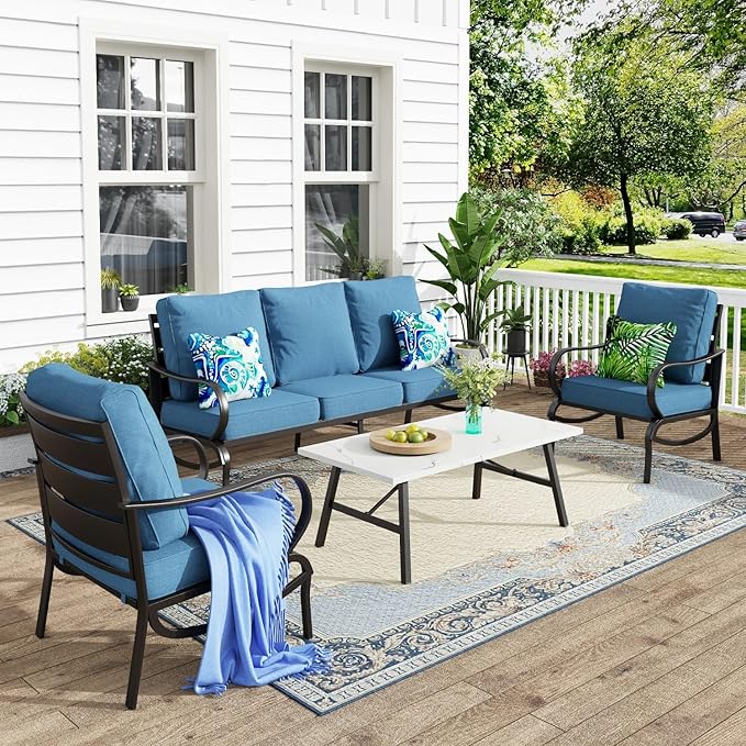 MFSTUDIO 4 Pieces Patio Conversation Set, 5 Seats Metal Patio Furniture Sets with 1 x 3-Seat Sofa, 2 Single Chairs,1 Coffee Table, All Weather Steel Patio Sets with 5.75inch Navy Cushion for Garden