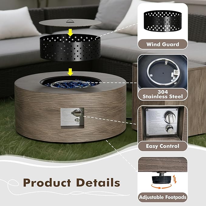 30" Round Propane Fire Pit Table - 50K BTU with Lid, Rocks Tank Storage and Cover - Round Gas Fire Pits for Outside Patio - Outdoor Table with Firepit (Teak Finish, 30" Round)