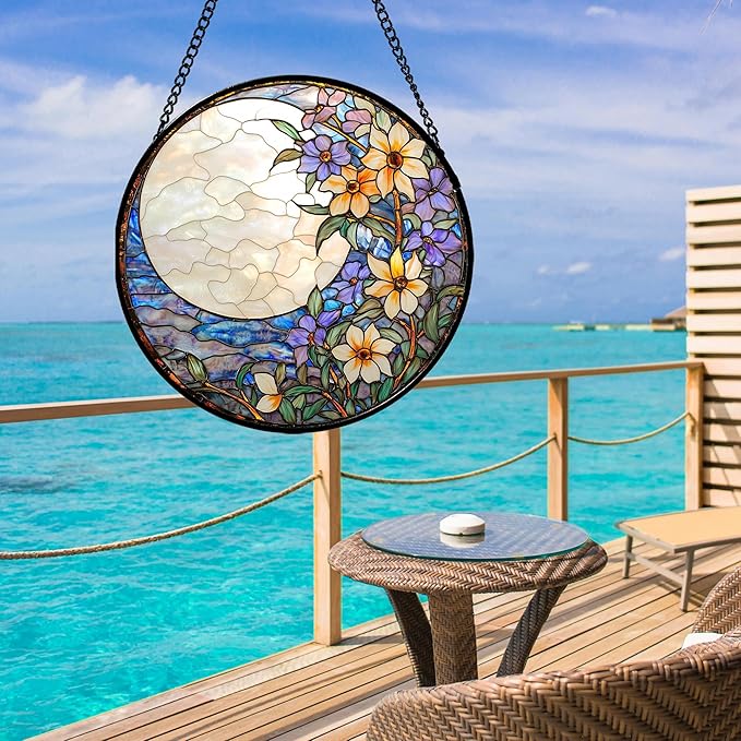 JOSUMALY Stained Glass Window Hanging - White Purple Moon Flowers Suncatcher for Door Terrace Garden Home Decor Landscape Sun Catcher Birthday Gifts for Lovers Women Men Dad Mom Nana 11.8 in