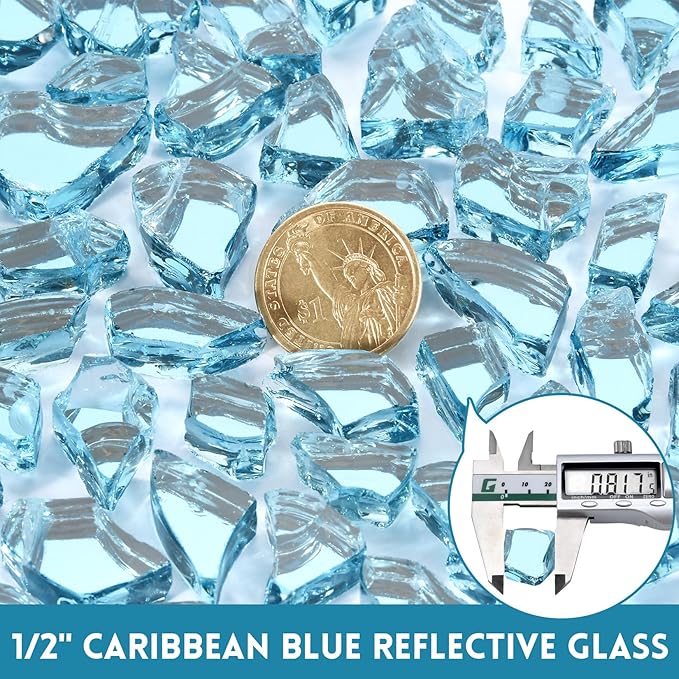 GasSaf 1/2 Inch Fire Glass Reflective Tempered Fireglass Cut Crushed FireGlass for Fire Pit, Fireplace, Replaces Existing Gas Logs & Lava Rocks (20 Pound)(Caribbean Blue Reflective).