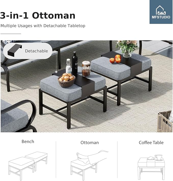 MFSTUDIO 7 Pieces Metal Patio Furniture Sets, 2 Swivel Chairs, 3-Seat Deep Seating Sofa, 2 Single Couch and 2 Ottoman, All Weather 9 Seats Outdoor Conversation Set for Garden Backyard, Grey Cushion